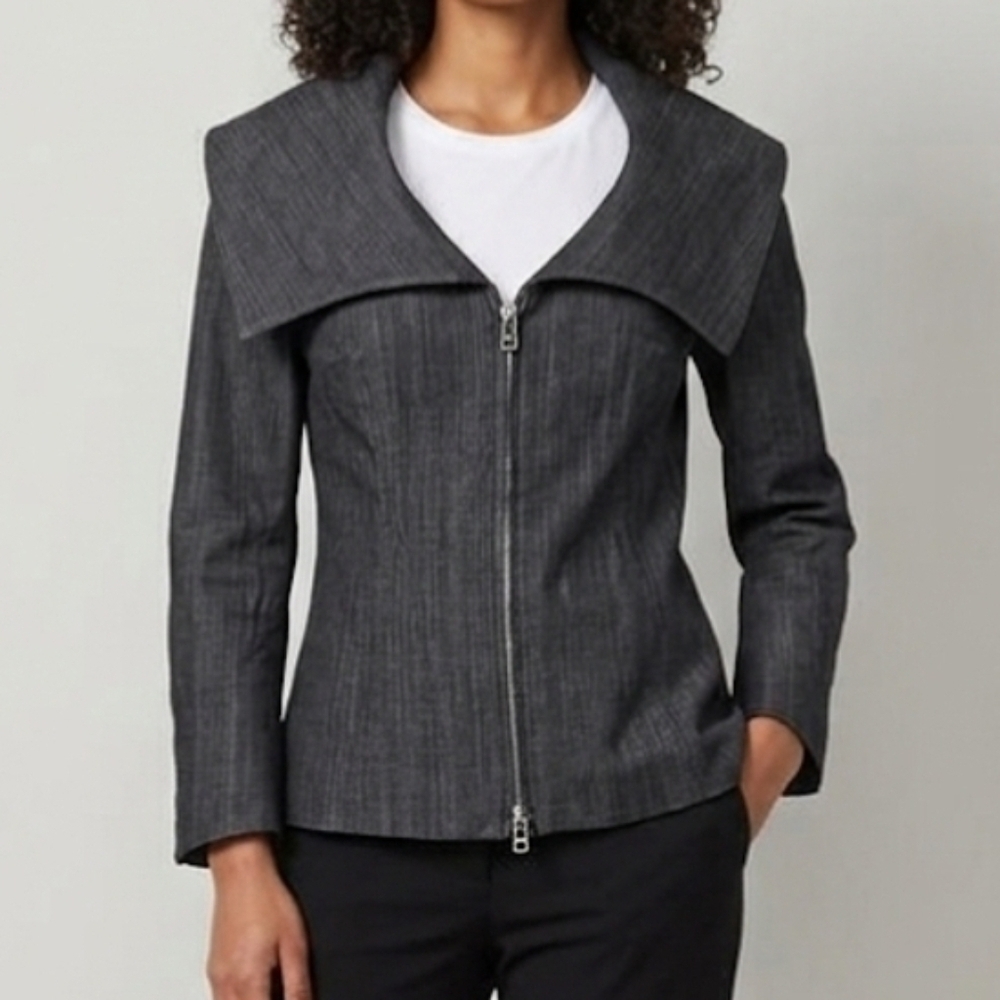 Vintage Bill Blass Dark Wash Zip-Front Denim Jacket - Wide Portrait Collar - XS